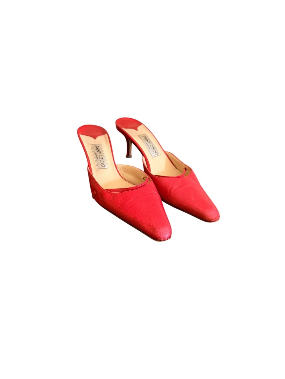 Vintage Jimmy Choo Red Leather Mule Heels Size 40.5 Y2K Pointed Toe Italy